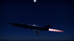 F104A Starfighter flying with a full afterburner on a clear starry night (in-game screenshot)