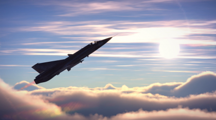 A J35D, shadowed by sunlight, climbs above the clouds to intercept.