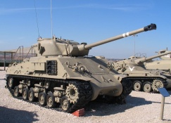 An M50 Super Super Sherman, similar in appearance the standard late war Sherman Tank, however with a larger gun and redesigned mantle
