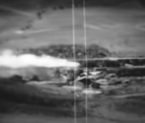An early Walleye's seeker display from footage, presumably from combat in Vietnam. Note the footage grain and the eight lines running crosswise transposed over the screen. These eight lines show where azimuth and elevation are in relation to the bomb, as well as outlining a square that shows what the bomb is currently guiding onto.