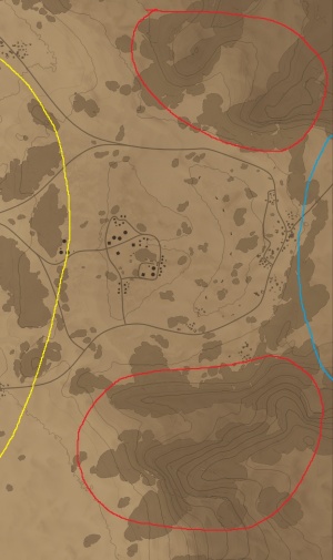 While pilots can use rock formation in the red areas as a cover to great success, they can find themselves unable to defeat frontal armour of enemies moving in the middle of the map. Instead, they can try to reach rock formations in the blue area where they can engage weaker side armour of the enemies while still using cover provided by rock formations. Pilots should avoid yellow areas - while it enables side shots, there's no cover to hide behind.