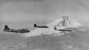 Two Japanese captured B-17Es and one B-17D flying in front of Mount Fuji.