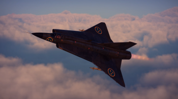 A Saab Draken flying through thick overcast with a sunset illuminating the clouds below it.