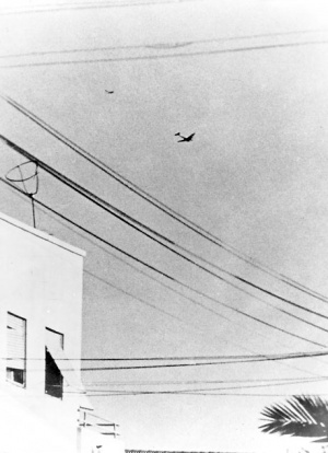 IAF pilot Modi Alon chasing an Egyptian C-47 over Tel Aviv, June 3, 1948