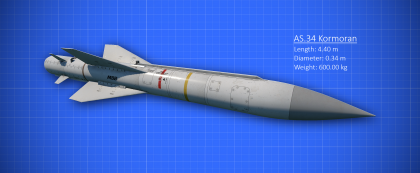 Image of the AS.34 Kormoran missile, set against the background of a blueprint. In the image the physical dimensions of the missile are listed as having a length of 4.40 meters, a diameter of 0.34 meters and a weight of 600 kilogrammes.