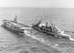 HMS Belfast (C35) and HMS Ocean (R68) off Korea 1952.jpg